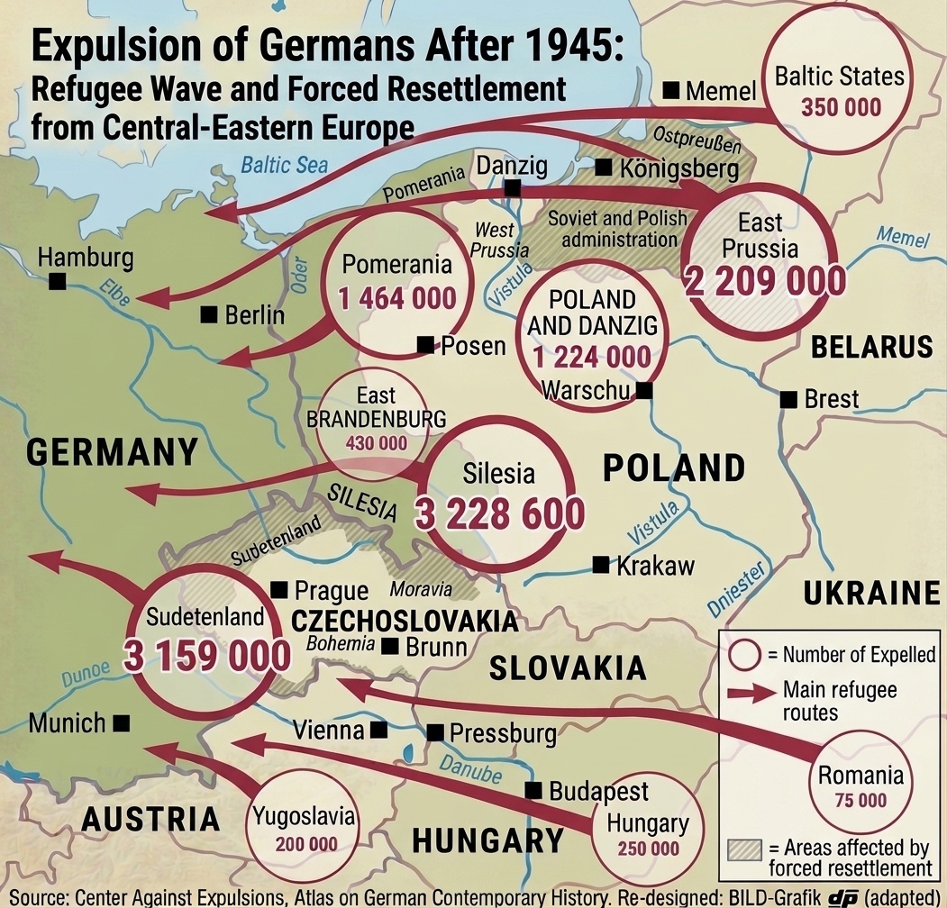 Significant German population expelled and relocated from Eastern Europe